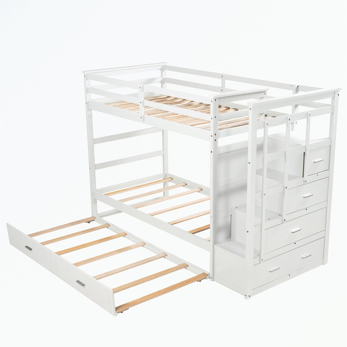 Hardwood Twin Over Twin Bunk Bed with Trundle and Staircase