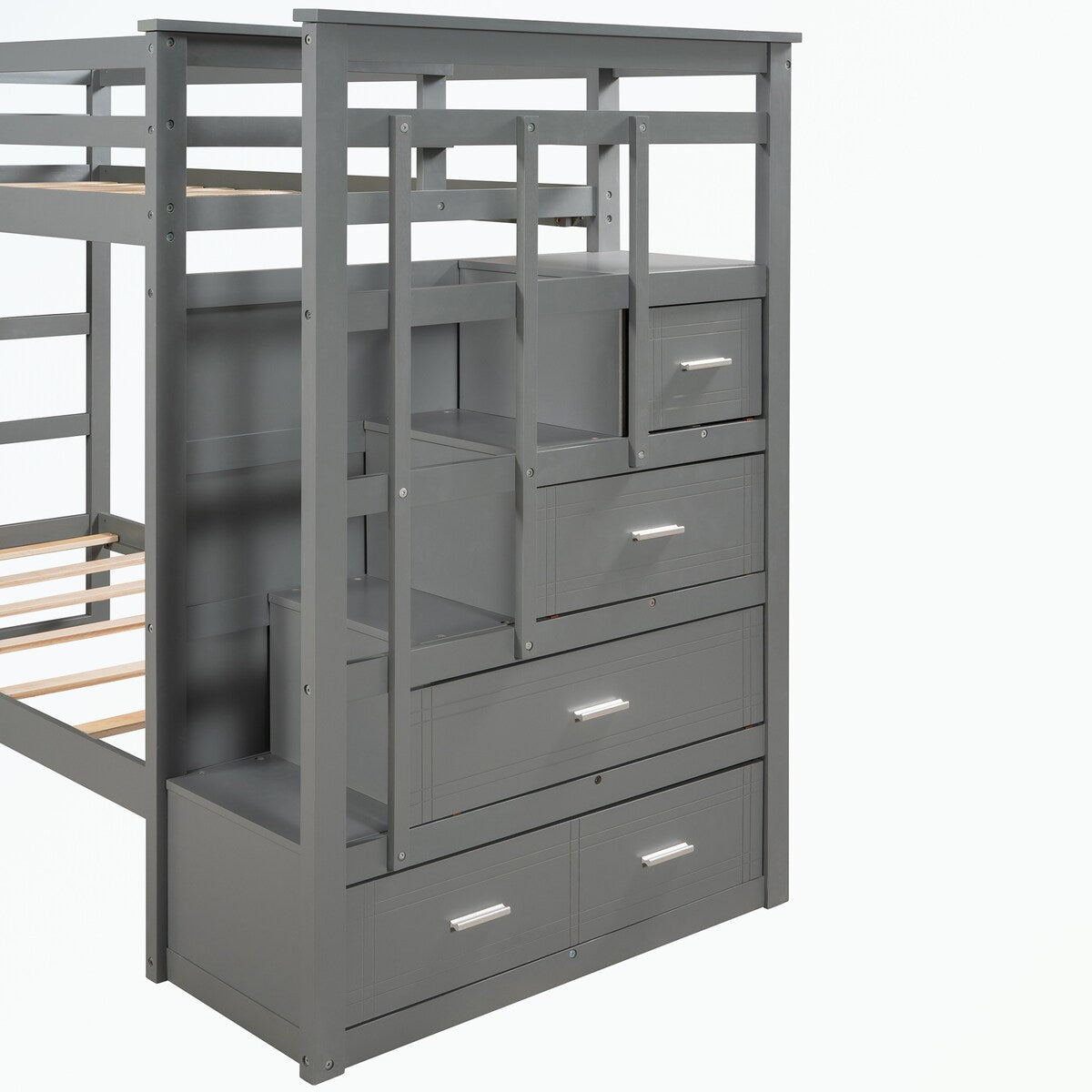 Hardwood Twin Over Twin Bunk Bed with Trundle and Staircase