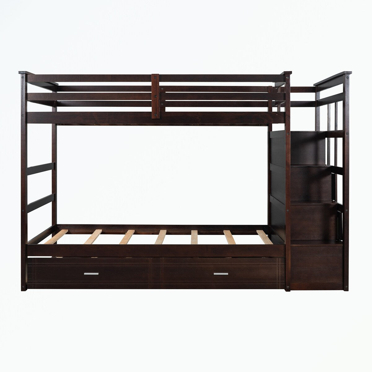 Hardwood Twin Over Twin Bunk Bed with Trundle and Staircase