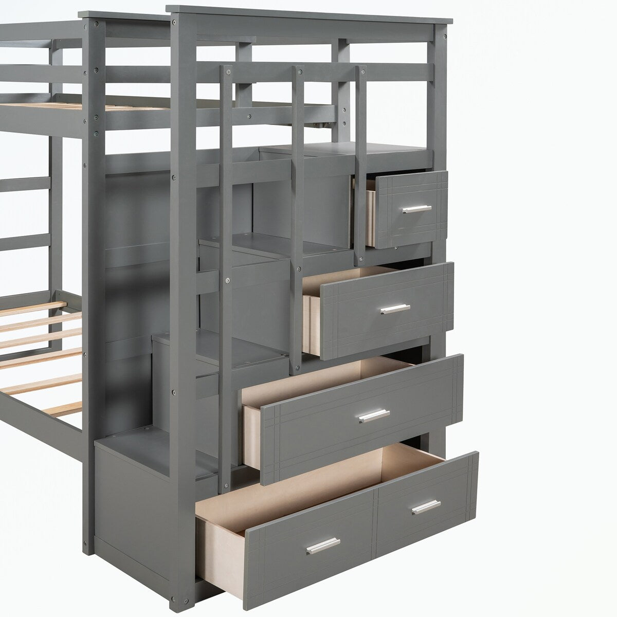 Hardwood Twin Over Twin Bunk Bed with Trundle and Staircase
