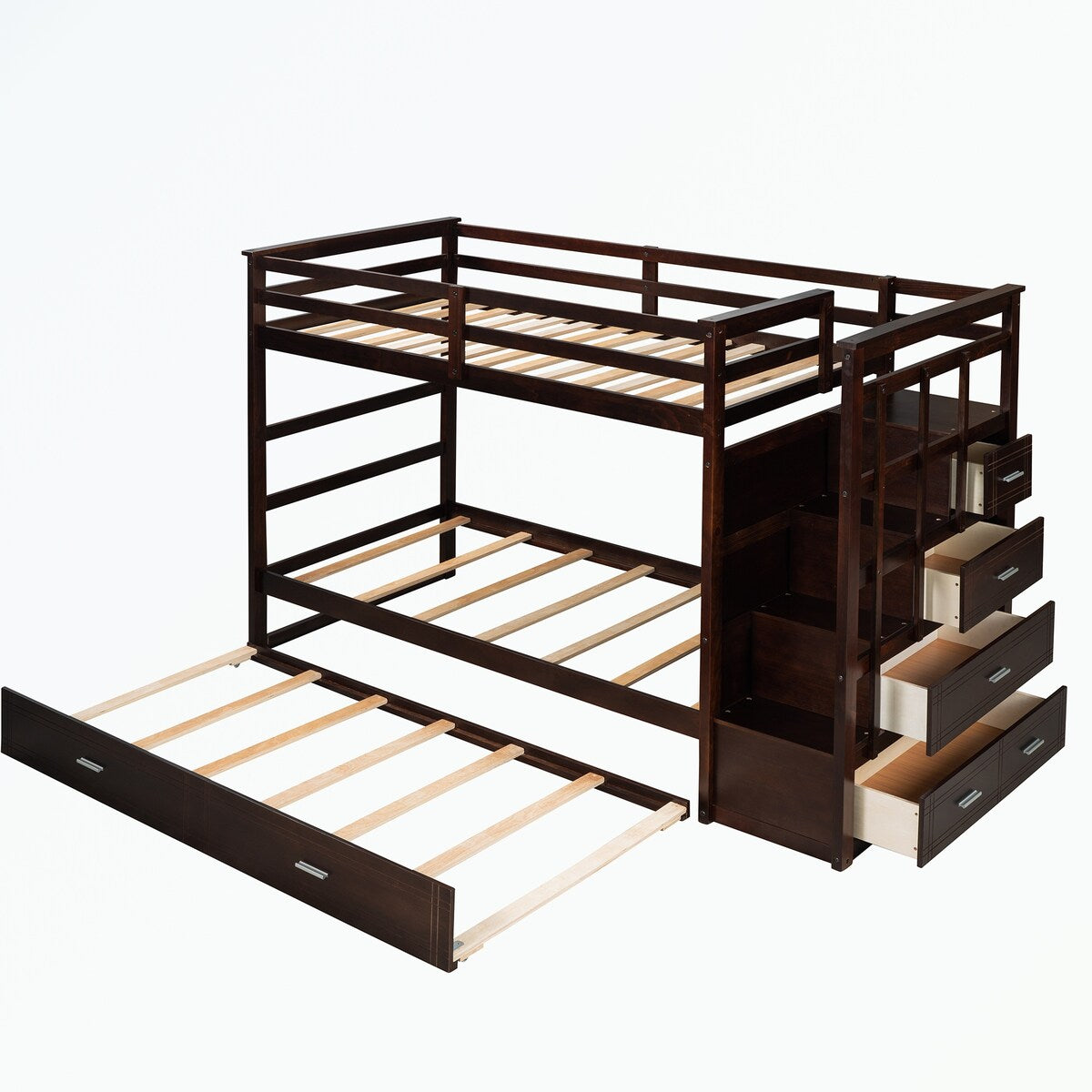 Hardwood Twin Over Twin Bunk Bed with Trundle and Staircase