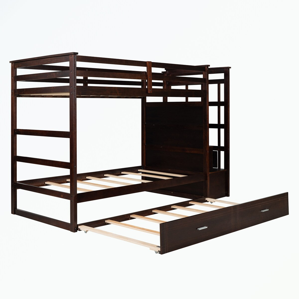 Hardwood Twin Over Twin Bunk Bed with Trundle and Staircase