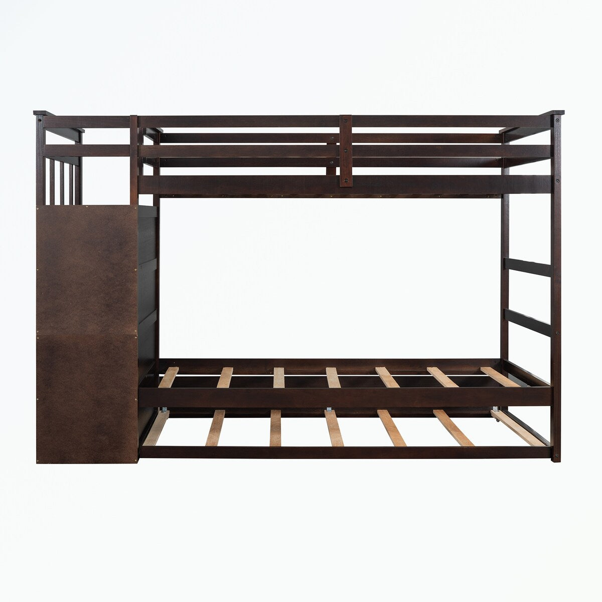 Hardwood Twin Over Twin Bunk Bed with Trundle and Staircase