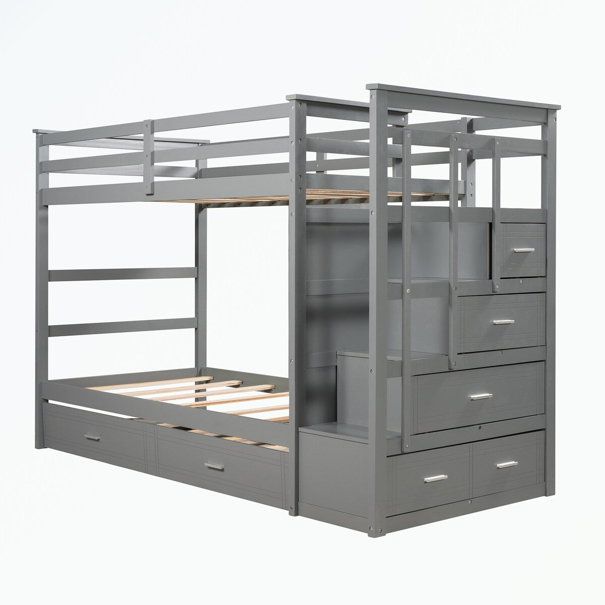 Hardwood Twin Over Twin Bunk Bed with Trundle and Staircase