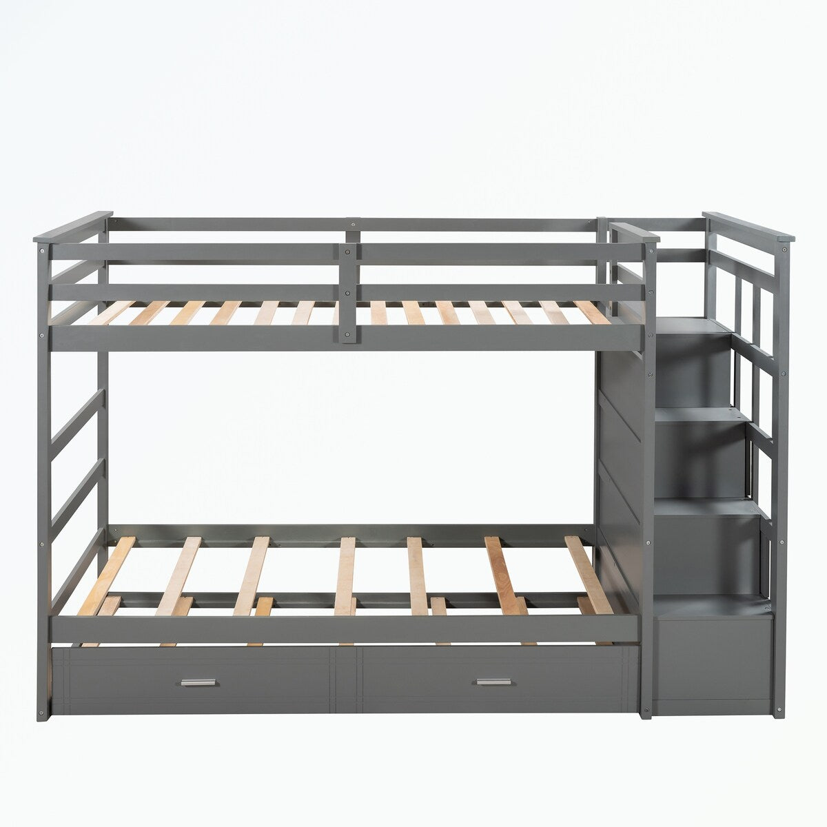 Hardwood Twin Over Twin Bunk Bed with Trundle and Staircase
