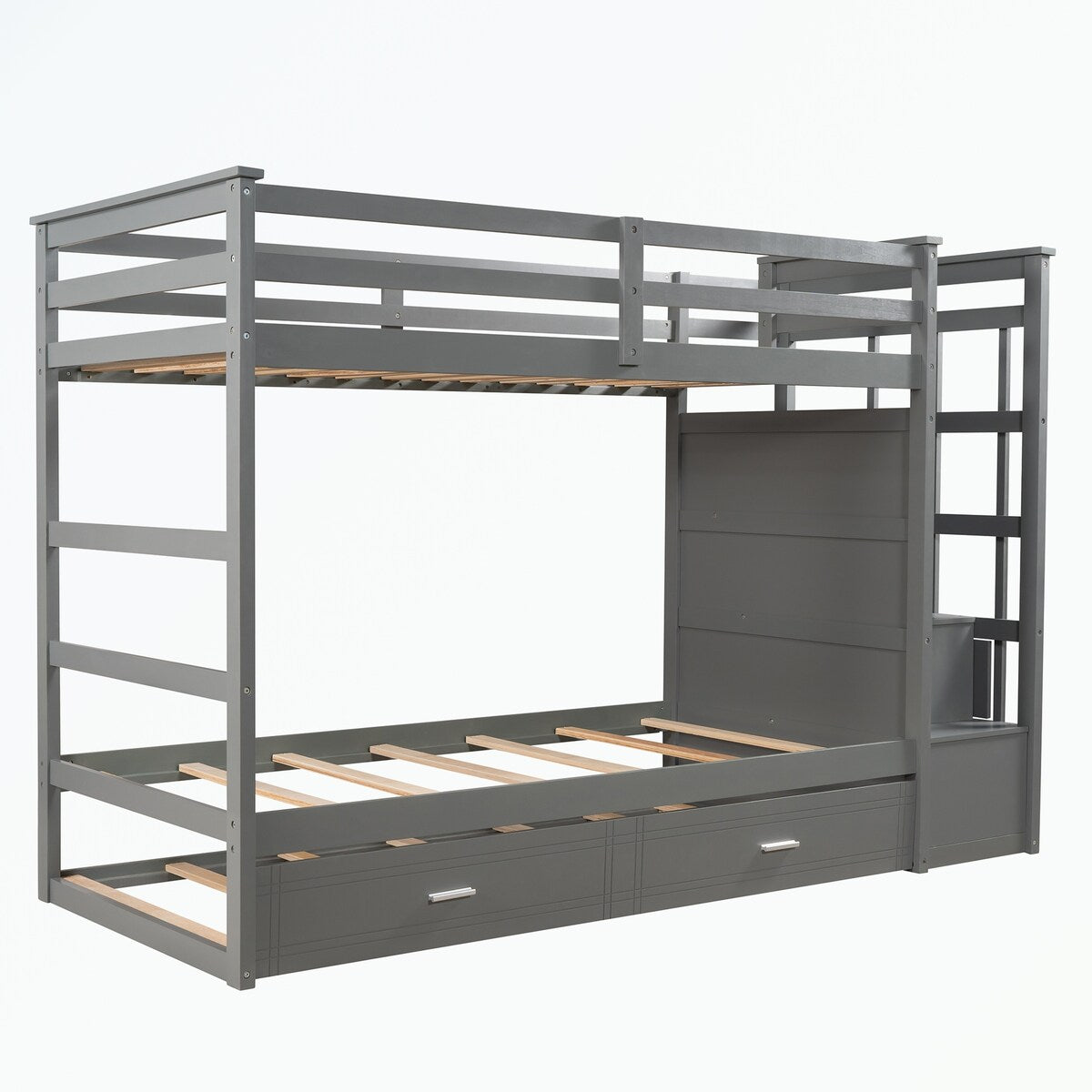 Hardwood Twin Over Twin Bunk Bed with Trundle and Staircase
