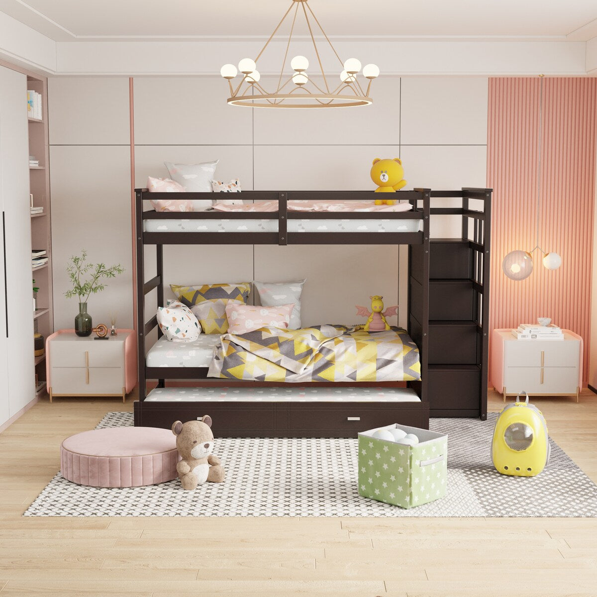 Hardwood Twin Over Twin Bunk Bed with Trundle and Staircase