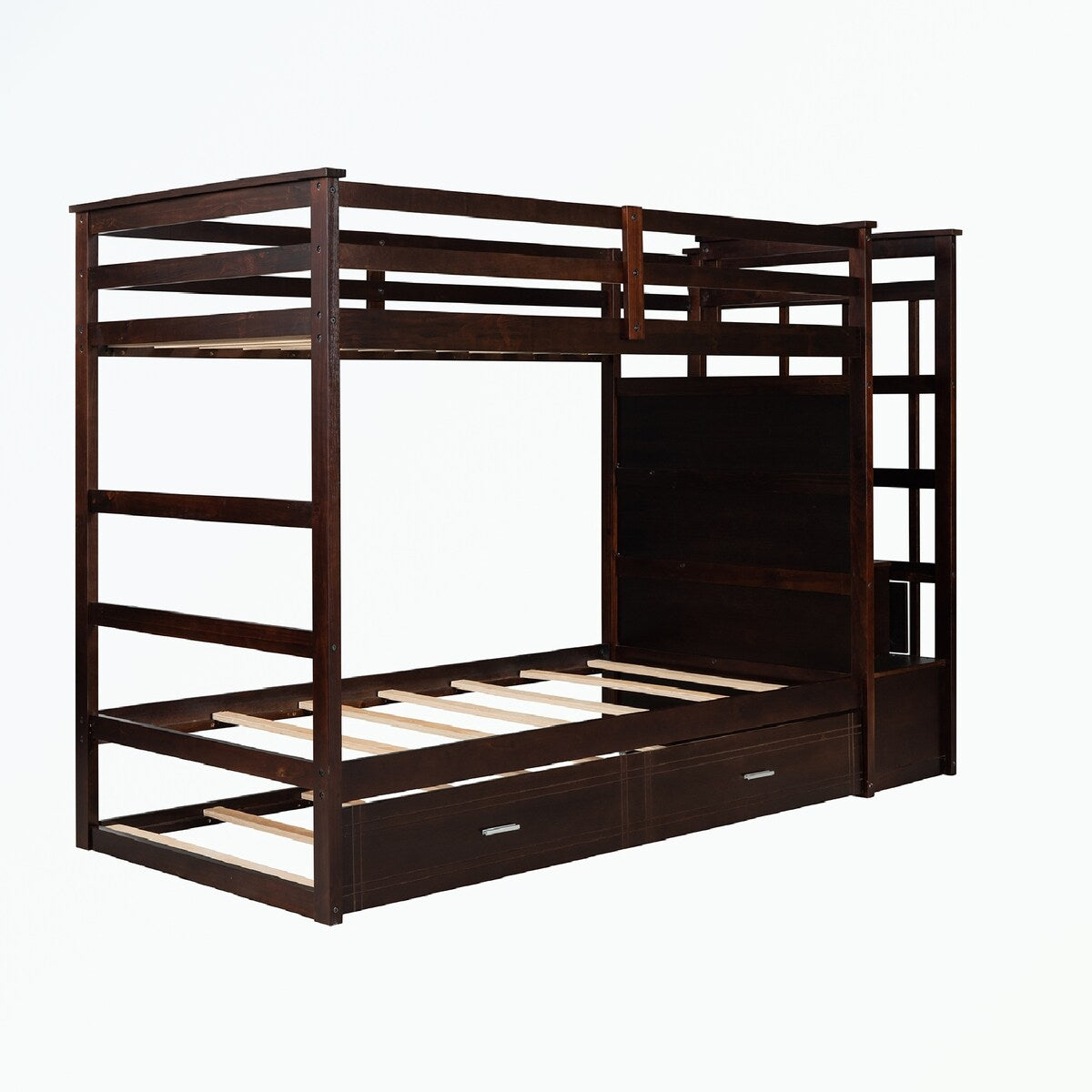 Hardwood Twin Over Twin Bunk Bed with Trundle and Staircase