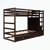 Hardwood Twin Over Twin Bunk Bed with Trundle and Staircase