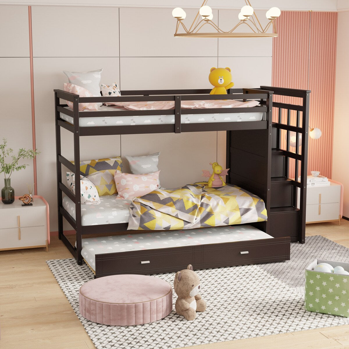 Hardwood Twin Over Twin Bunk Bed with Trundle and Staircase