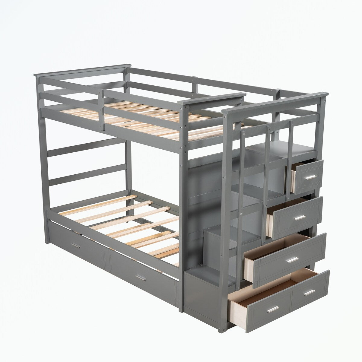 Hardwood Twin Over Twin Bunk Bed with Trundle and Staircase