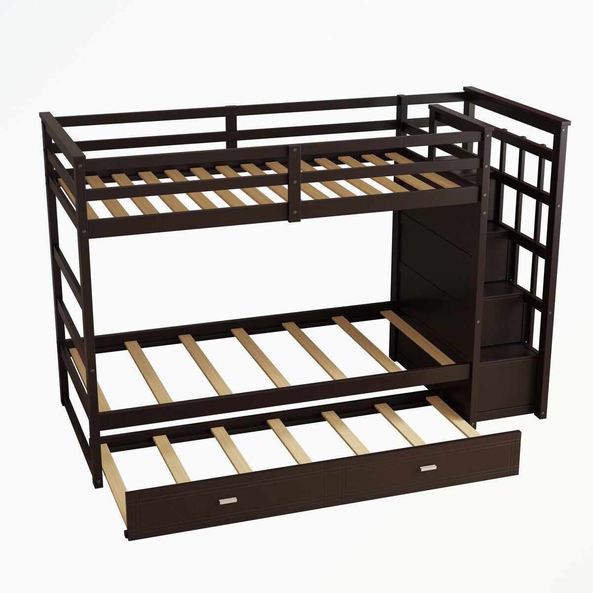 Hardwood Twin Over Twin Bunk Bed with Trundle and Staircase