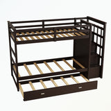 Hardwood Twin Over Twin Bunk Bed with Trundle and Staircase