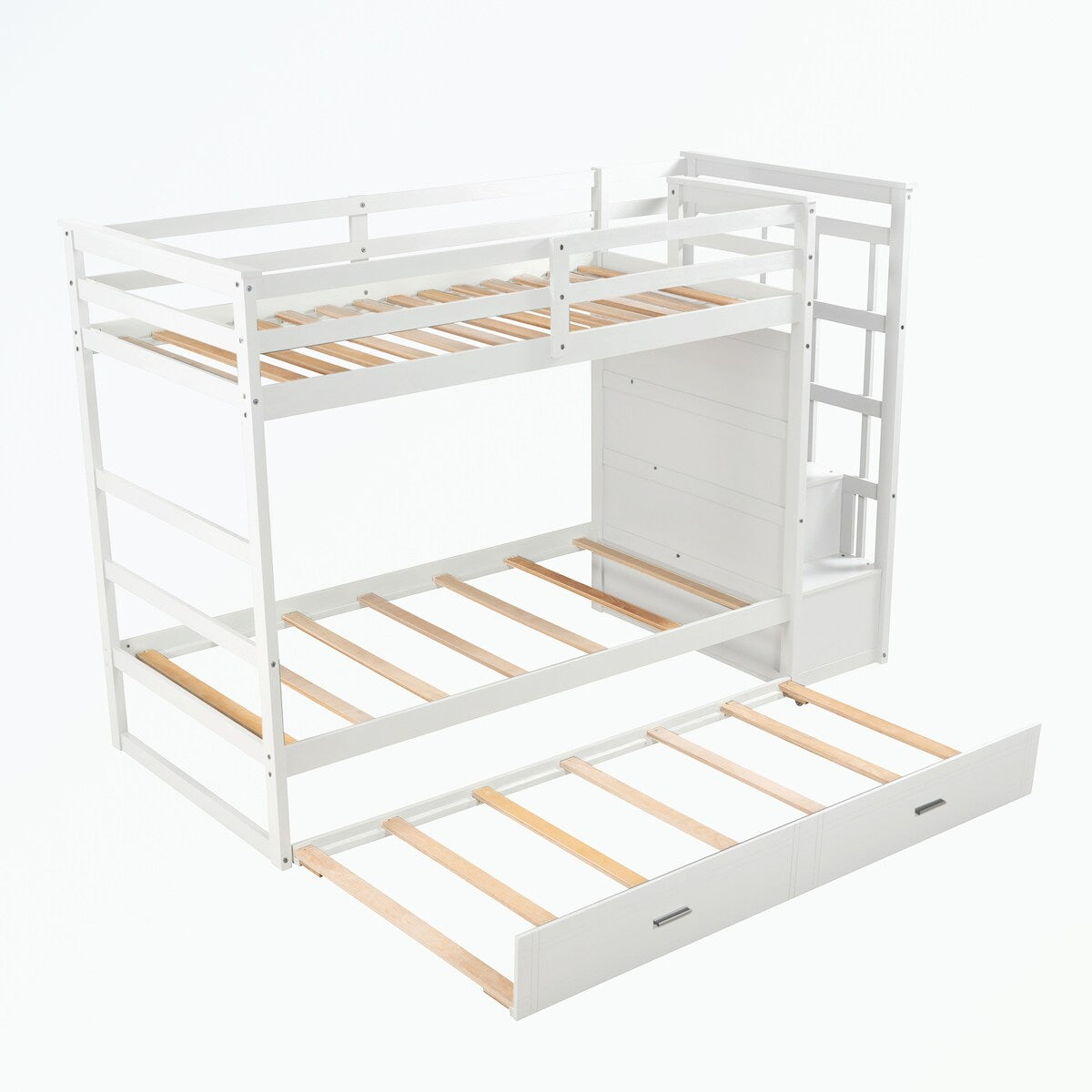 Hardwood Twin Over Twin Bunk Bed with Trundle and Staircase