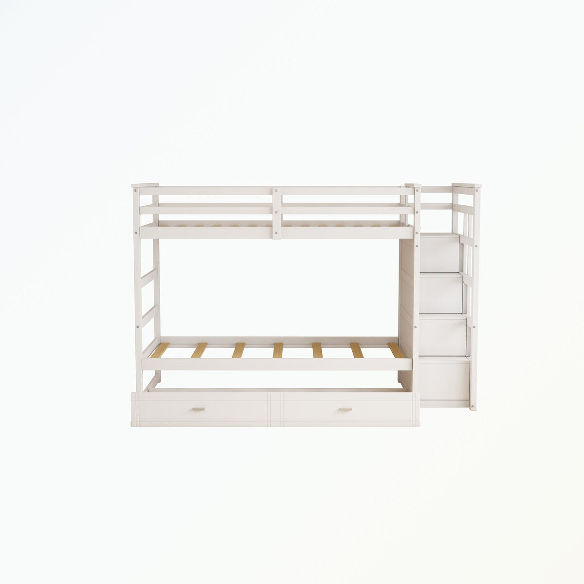 Hardwood Twin Over Twin Bunk Bed with Trundle and Staircase