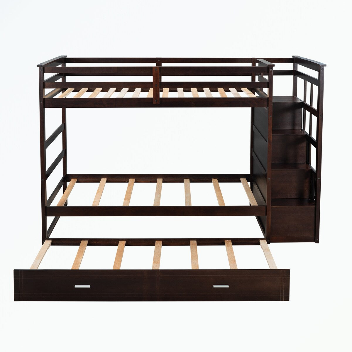 Hardwood Twin Over Twin Bunk Bed with Trundle and Staircase