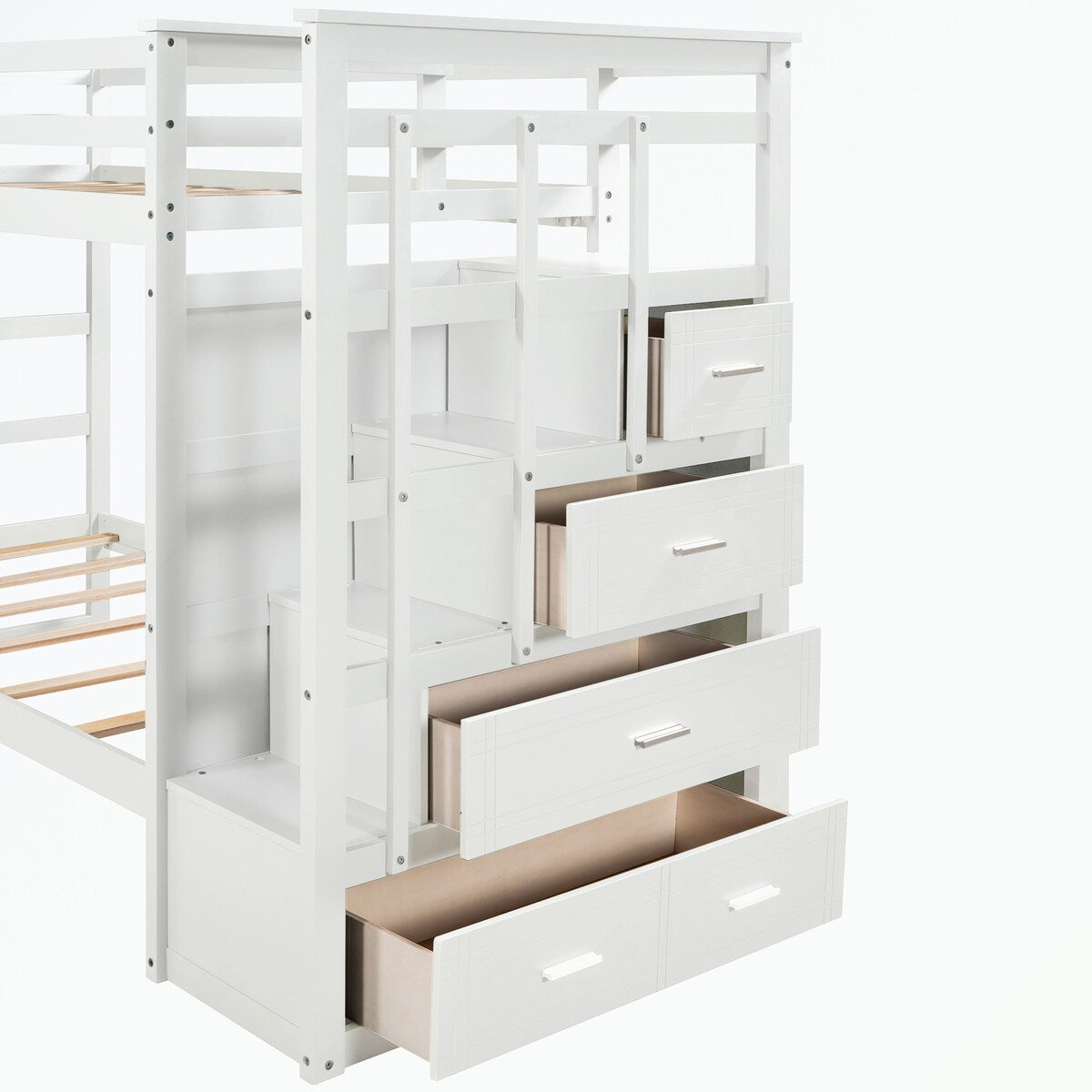 Hardwood Twin Over Twin Bunk Bed with Trundle and Staircase