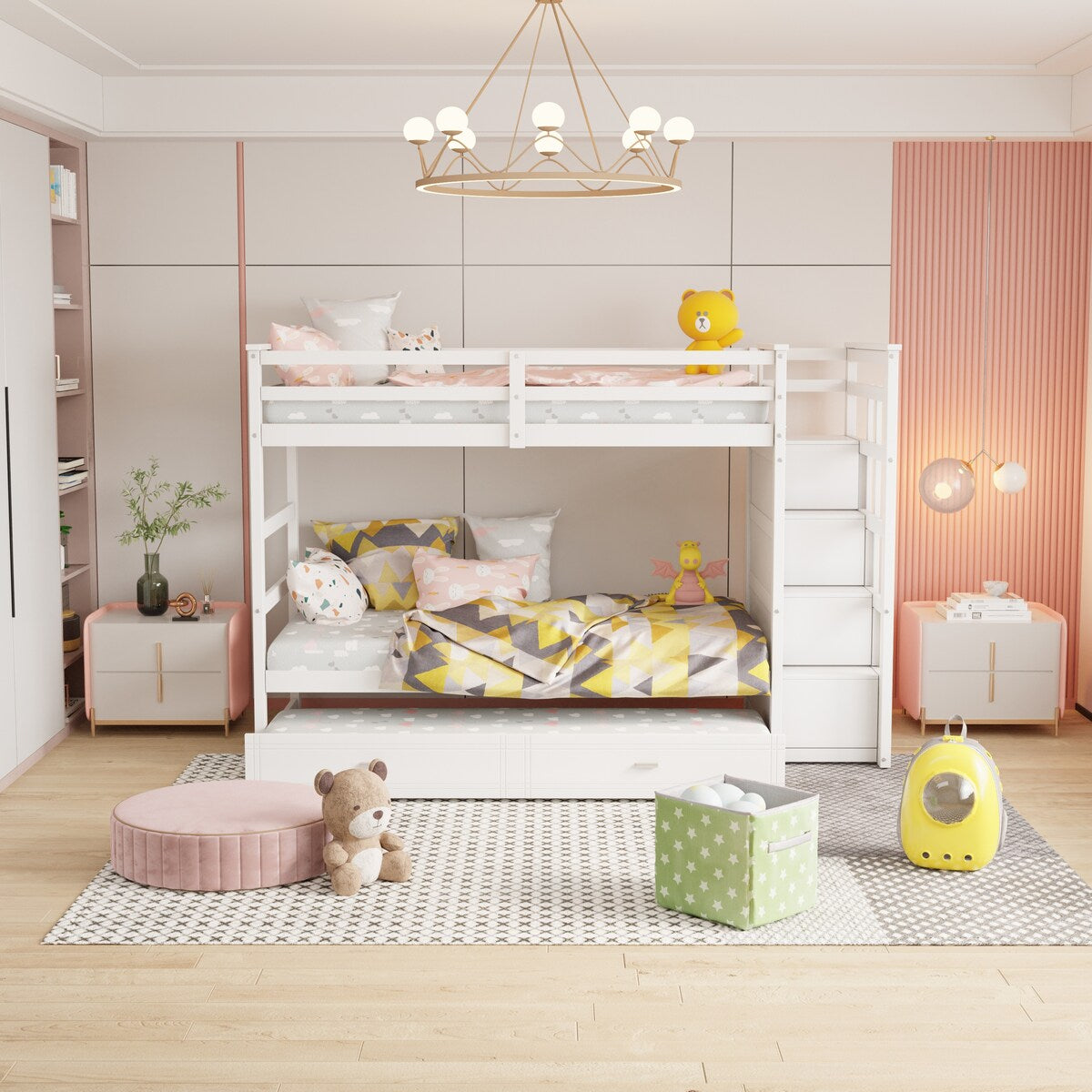 Hardwood Twin Over Twin Bunk Bed with Trundle and Staircase