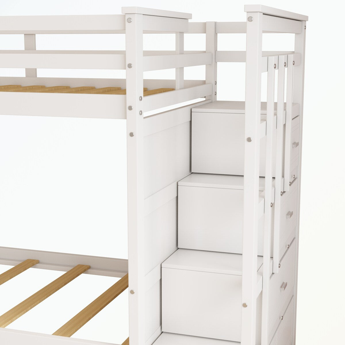 Hardwood Twin Over Twin Bunk Bed with Trundle and Staircase