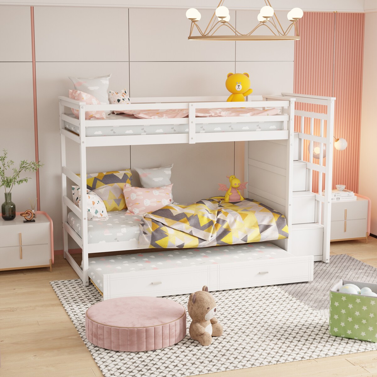 Hardwood Twin Over Twin Bunk Bed with Trundle and Staircase
