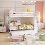 Hardwood Twin Over Twin Bunk Bed with Trundle and Staircase