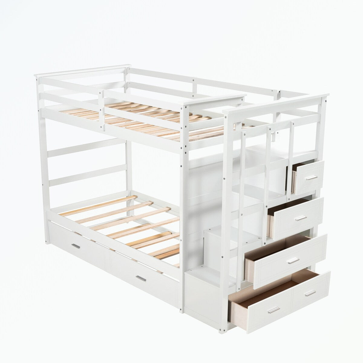 Hardwood Twin Over Twin Bunk Bed with Trundle and Staircase