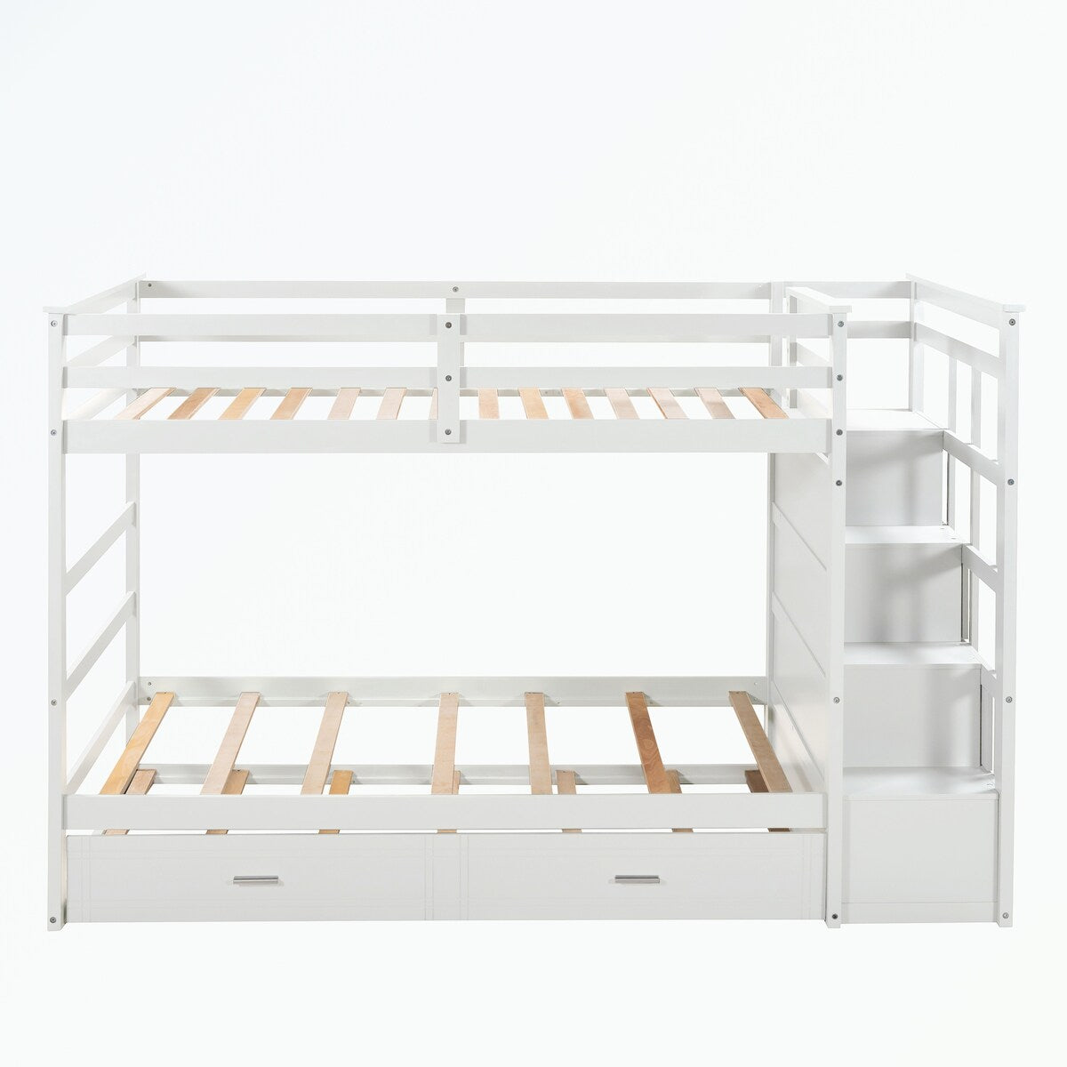 Hardwood Twin Over Twin Bunk Bed with Trundle and Staircase