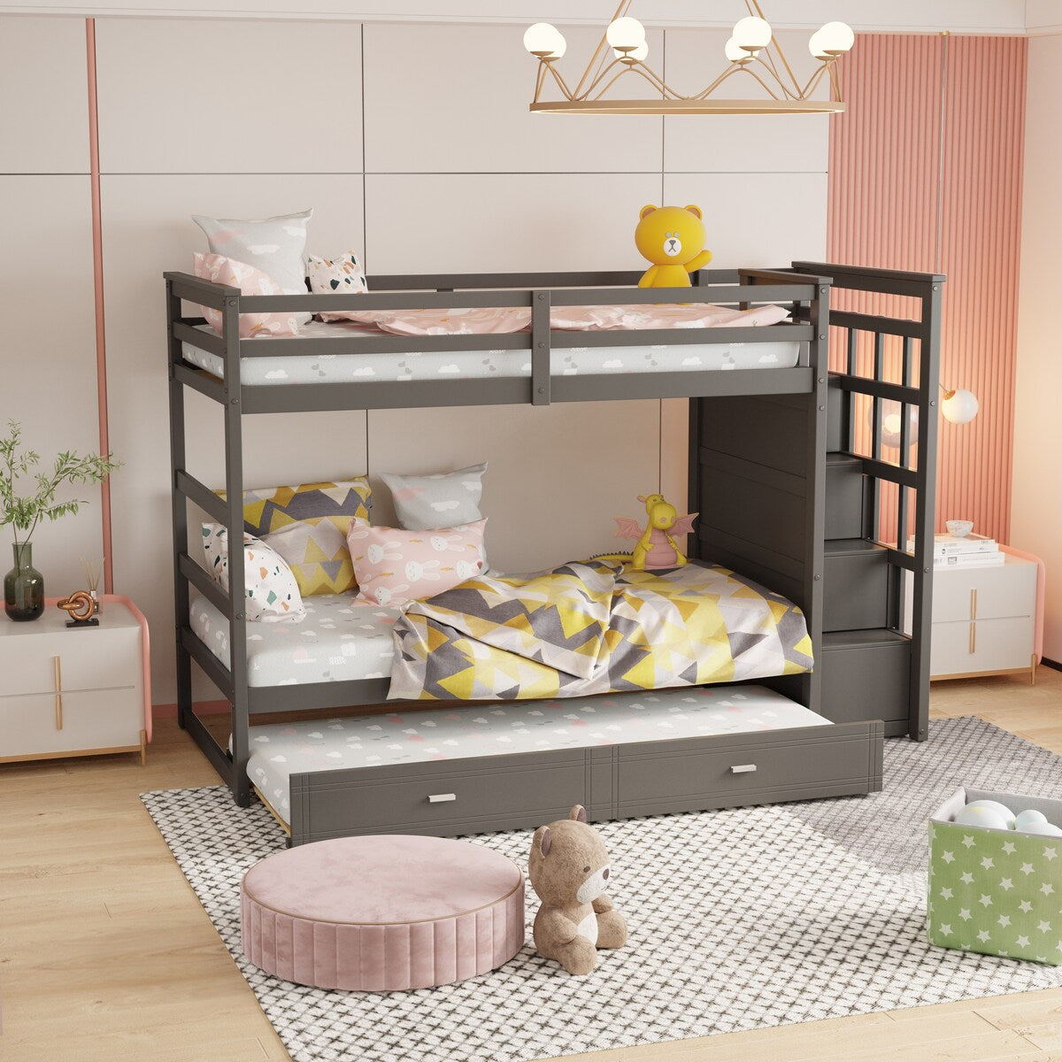 Hardwood Twin Over Twin Bunk Bed with Trundle and Staircase