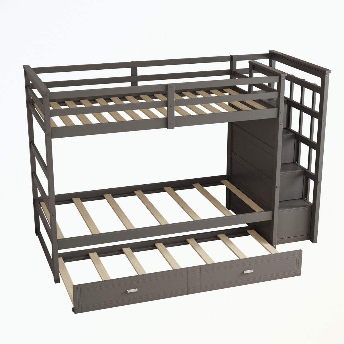 Hardwood Twin Over Twin Bunk Bed with Trundle and Staircase