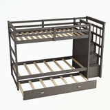 Hardwood Twin Over Twin Bunk Bed with Trundle and Staircase