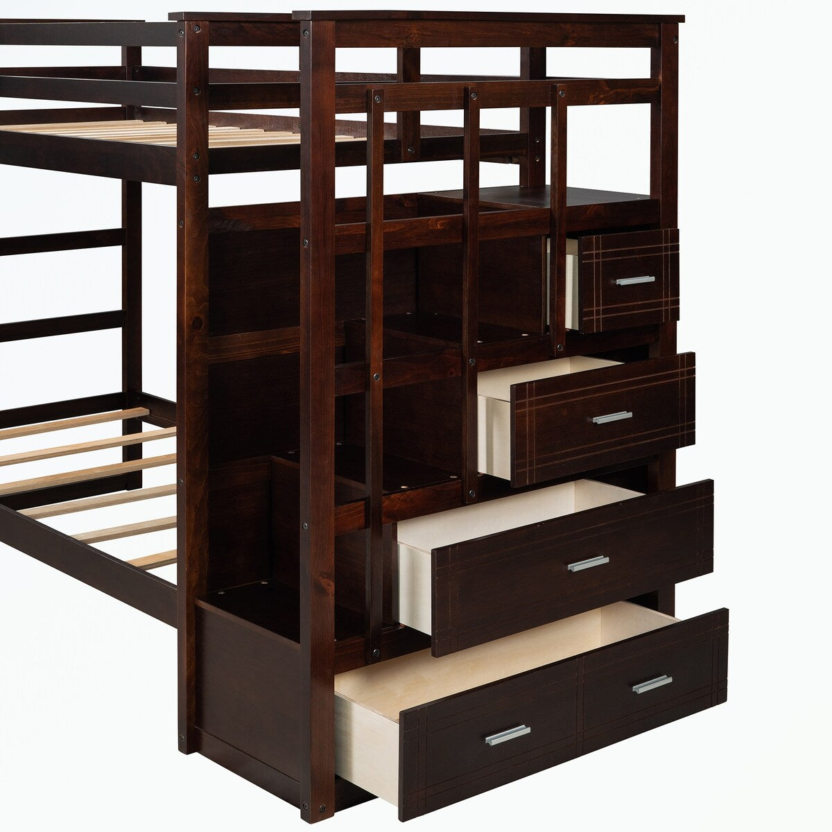 Hardwood Twin Over Twin Bunk Bed with Trundle and Staircase