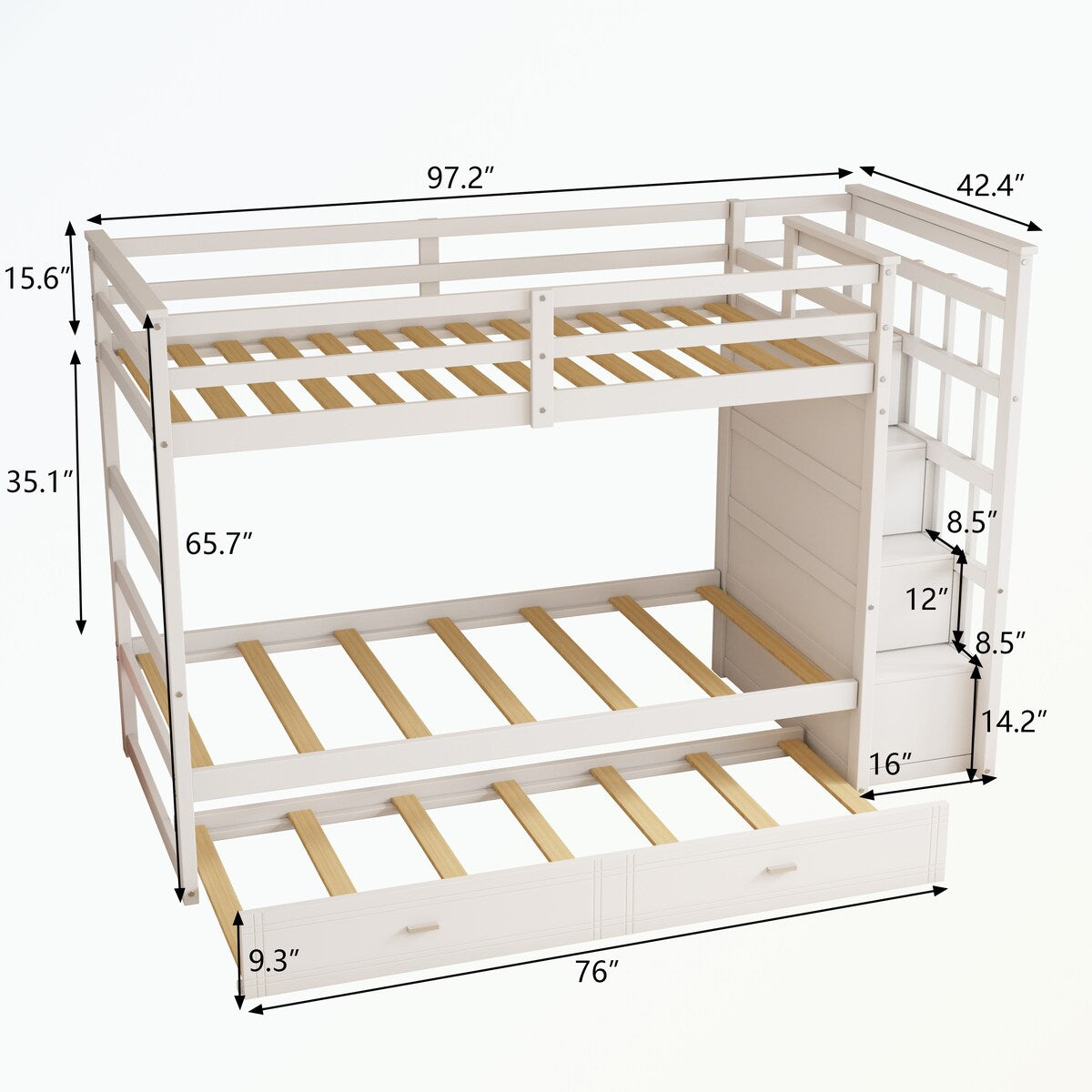 Hardwood Twin Over Twin Bunk Bed with Trundle and Staircase