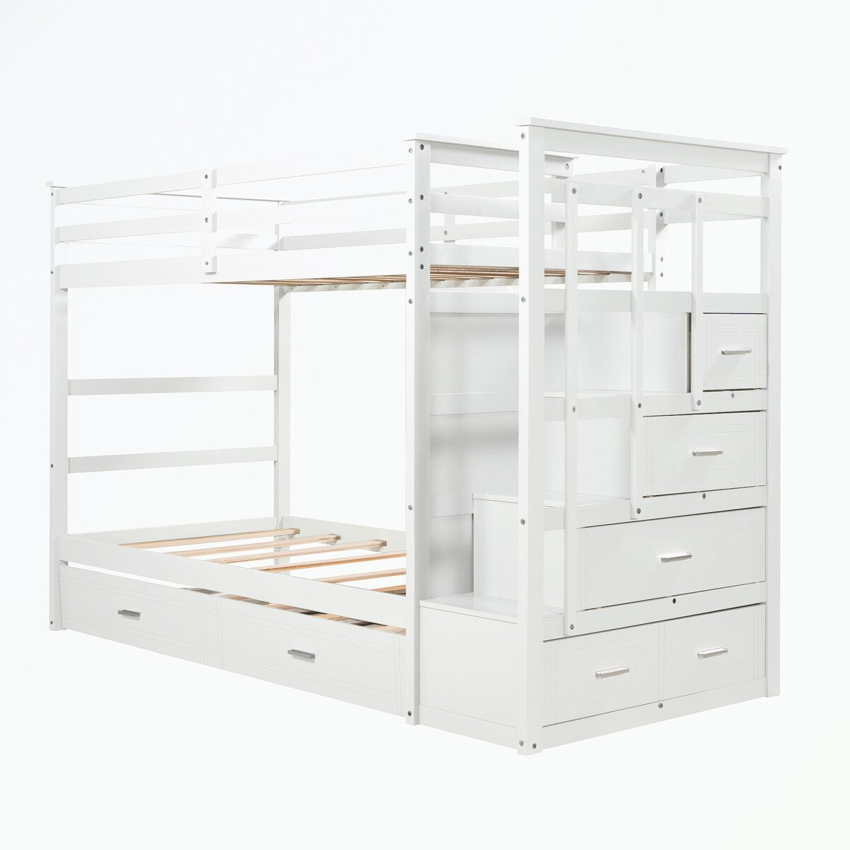 Hardwood Twin Over Twin Bunk Bed with Trundle and Staircase