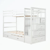 Hardwood Twin Over Twin Bunk Bed with Trundle and Staircase