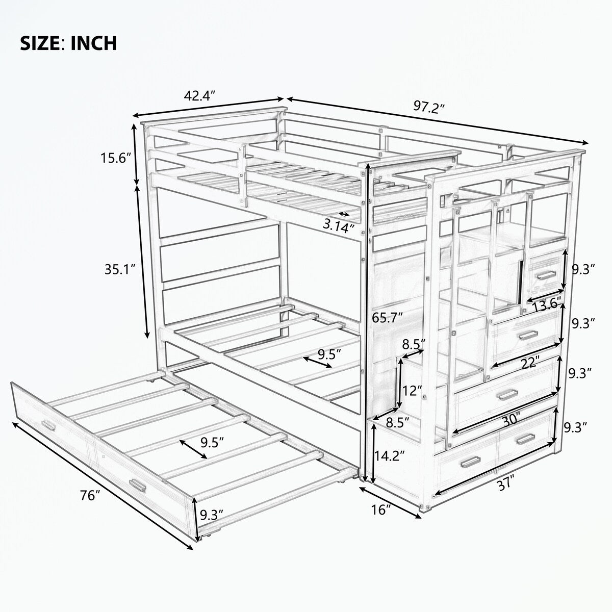Hardwood Twin Over Twin Bunk Bed with Trundle and Staircase