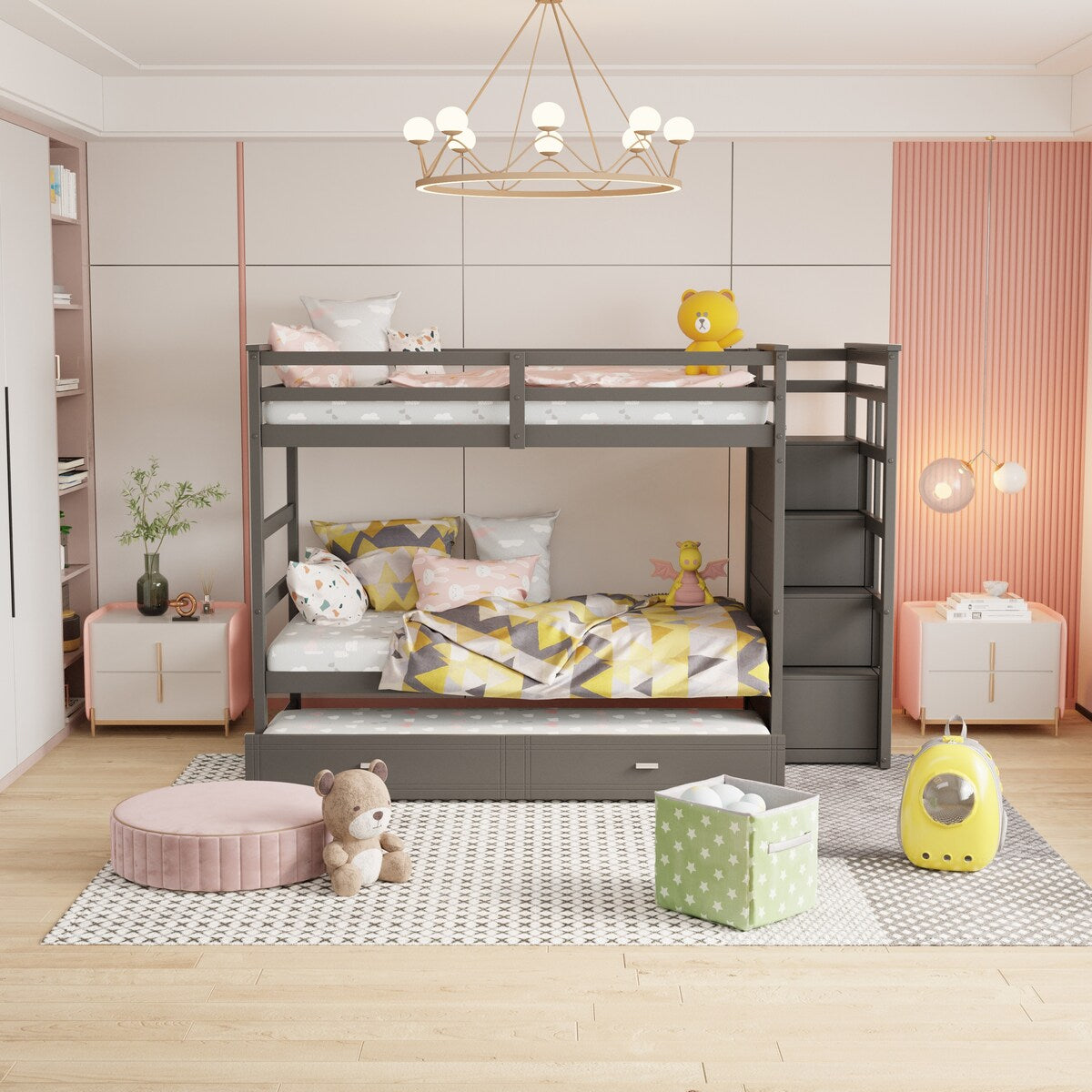 Hardwood Twin Over Twin Bunk Bed with Trundle and Staircase