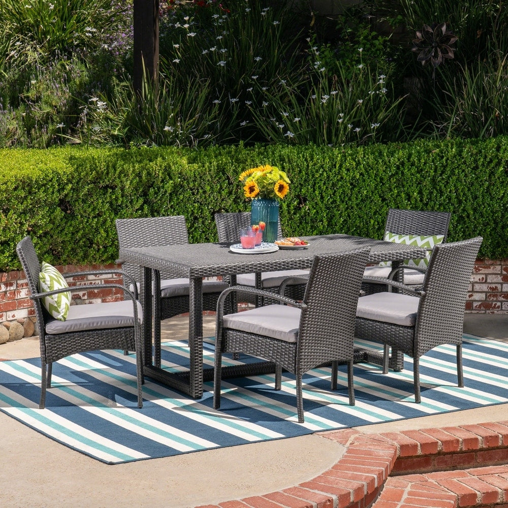 Harlowe Outdoor 7 Piece Wicker Dining Set with Cushions by Christopher Knight Home