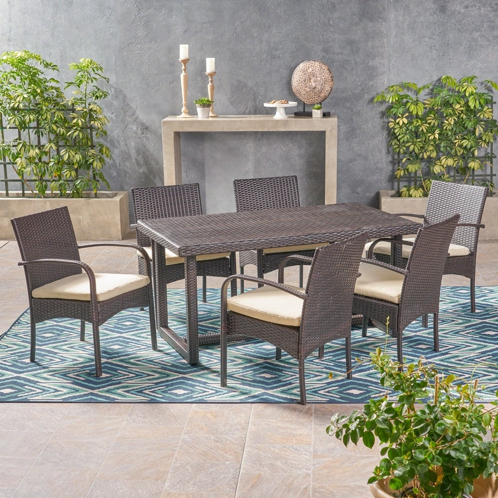 Harlowe Outdoor 7 Piece Wicker Dining Set with Cushions by Christopher Knight Home
