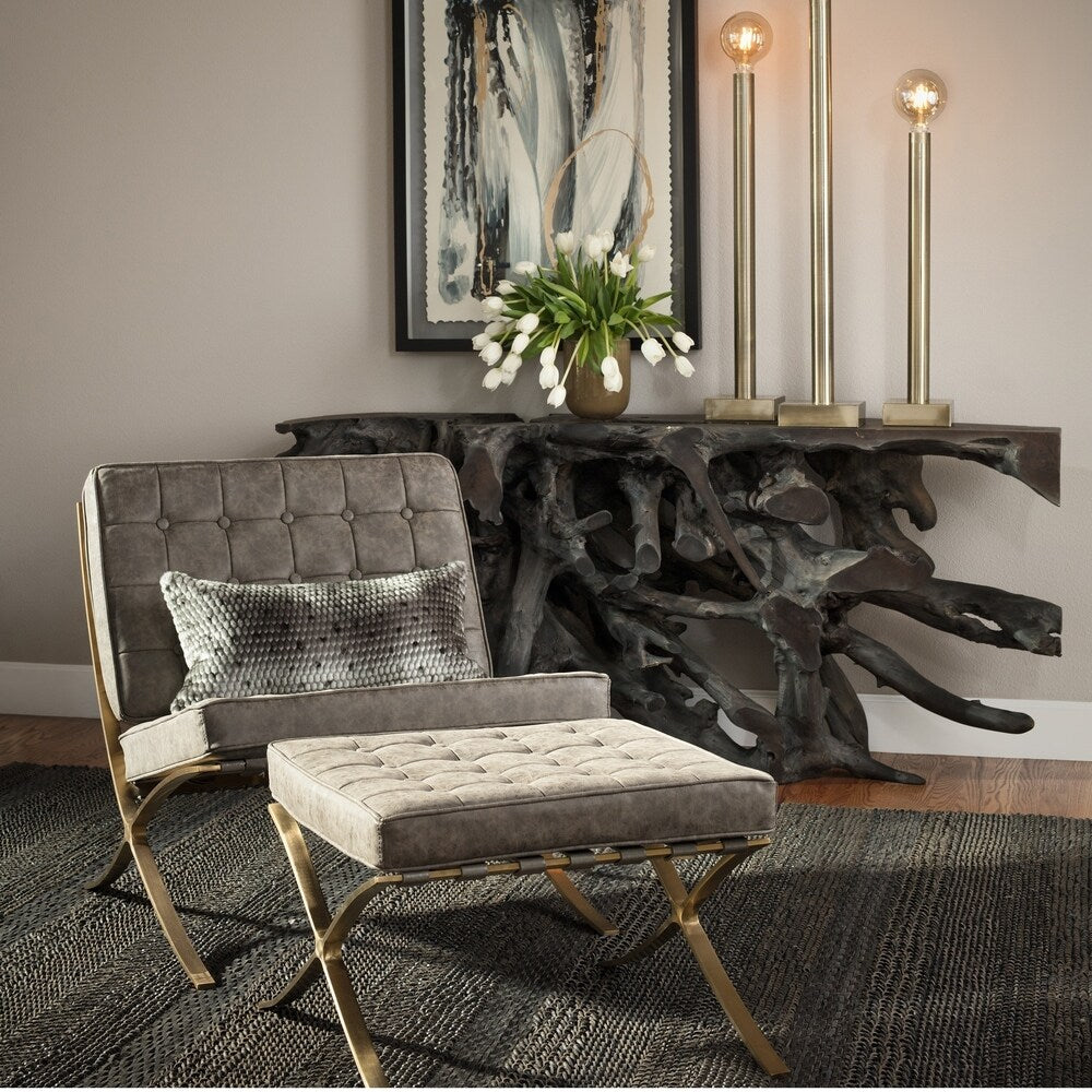 Harp & Finial Calvin Grey Distressed Ottoman - Brass Metal Frame