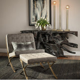 Harp & Finial Calvin Grey Distressed Ottoman - Brass Metal Frame