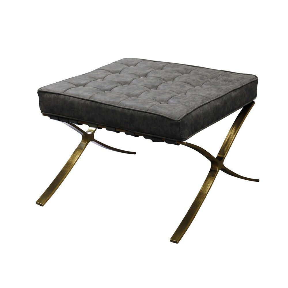 Harp & Finial Calvin Grey Distressed Ottoman - Brass Metal Frame