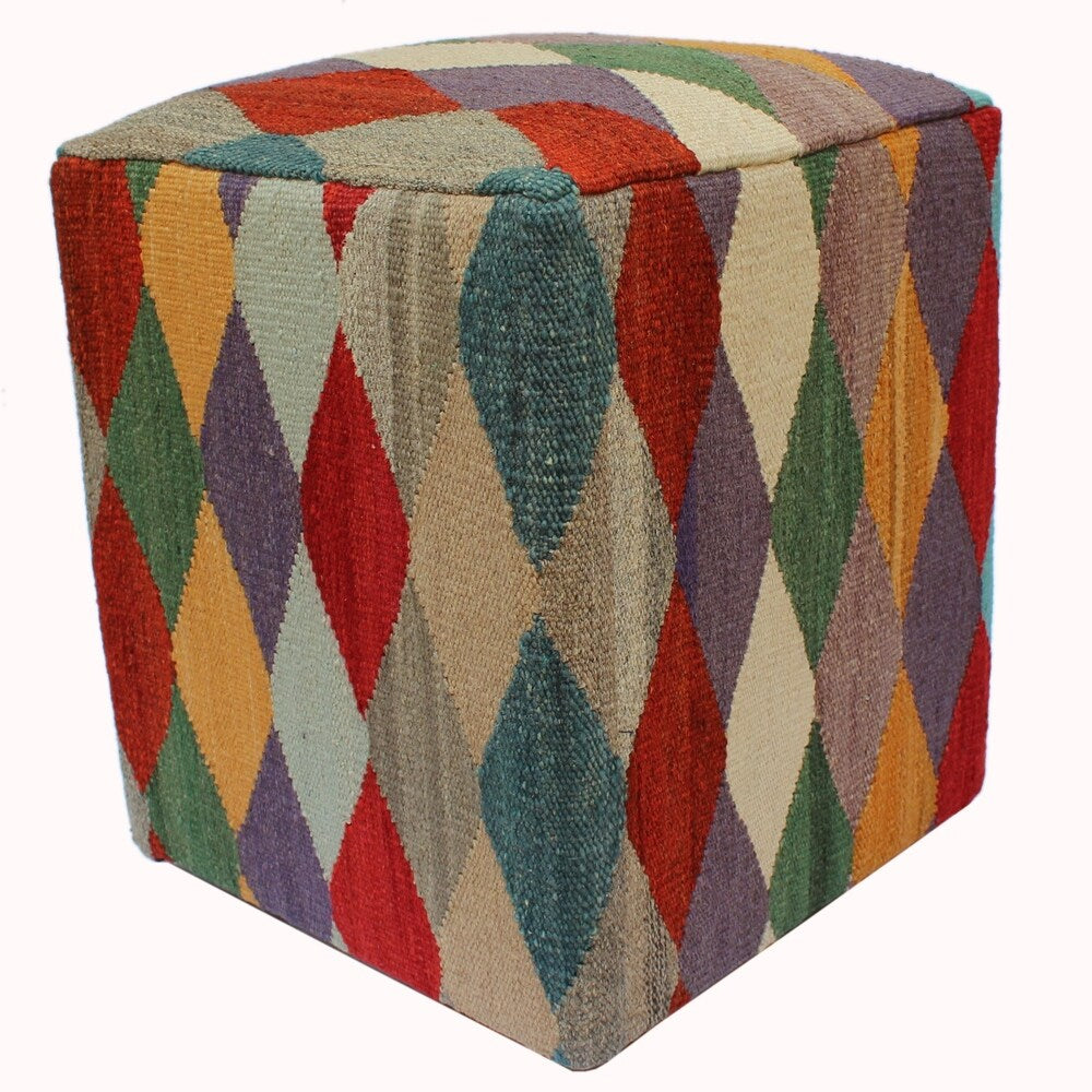 Harp Red/Gold Handmade Kilim Upholstered Ottoman 15"x15"x18"