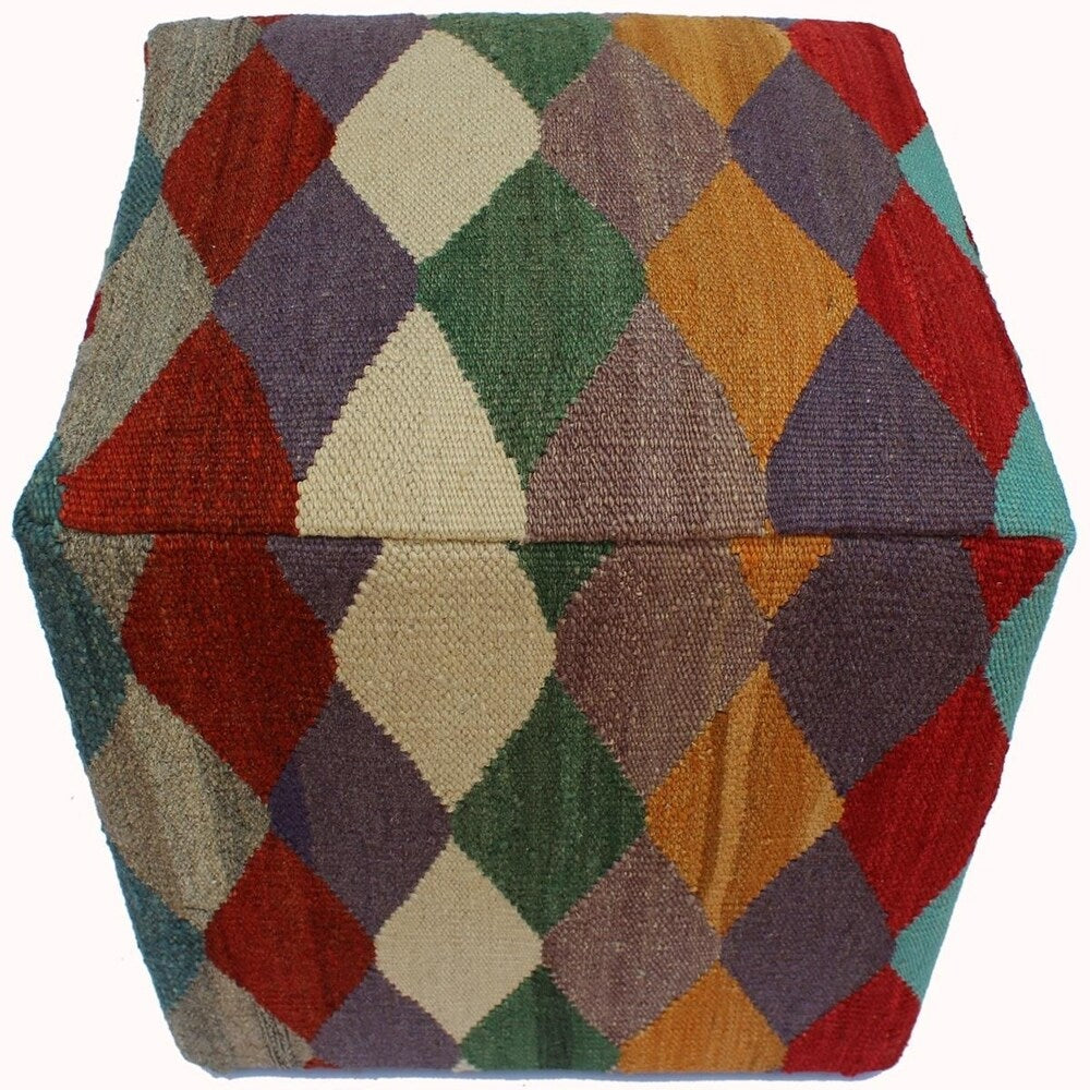 Harp Red/Gold Handmade Kilim Upholstered Ottoman 15"x15"x18"