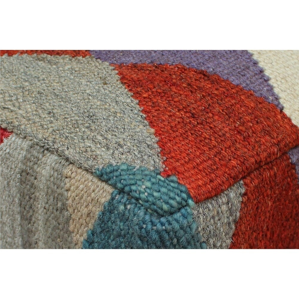 Harp Red/Gold Handmade Kilim Upholstered Ottoman 15"x15"x18"