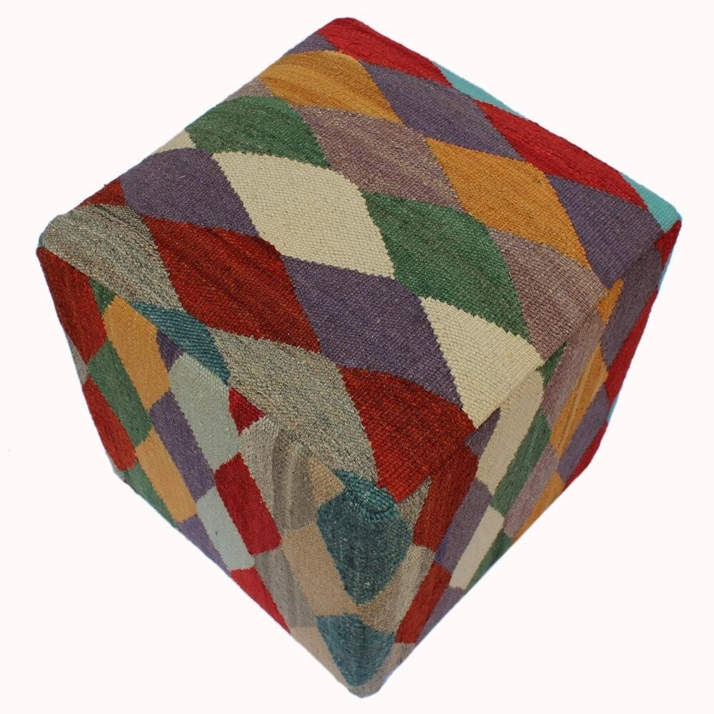 Harp Red/Gold Handmade Kilim Upholstered Ottoman 15"x15"x18"
