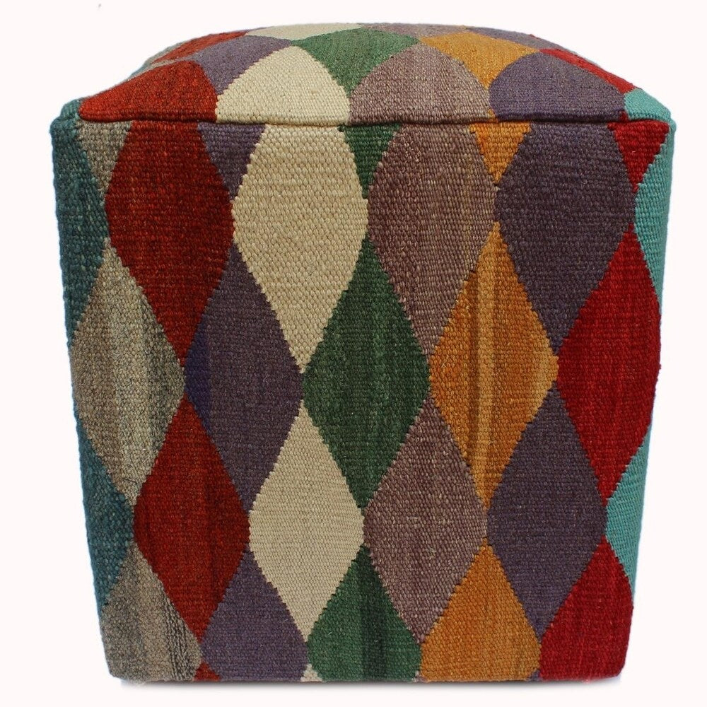 Harp Red/Gold Handmade Kilim Upholstered Ottoman 15"x15"x18"
