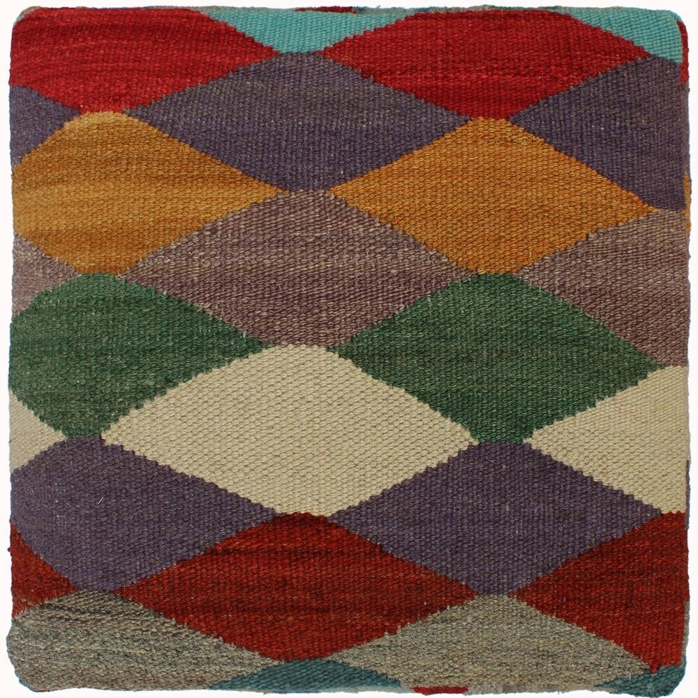 Harp Red/Gold Handmade Kilim Upholstered Ottoman 15"x15"x18"