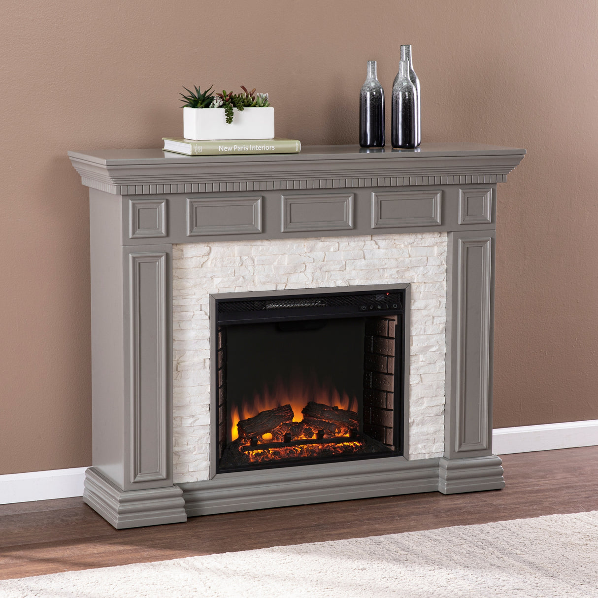 SEI Furniture Dalaro Modern Electric Fireplace with Faux Stone Mantel