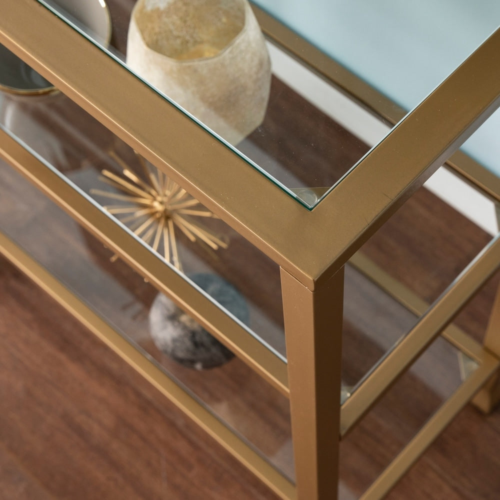 SEI Furniture Jensen Narrow Metal Console Table w/ Glass Shelves - Gold
