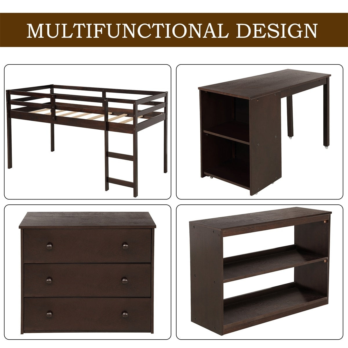 Harper & Bright Designs Wood Twin Low Study Loft Bed